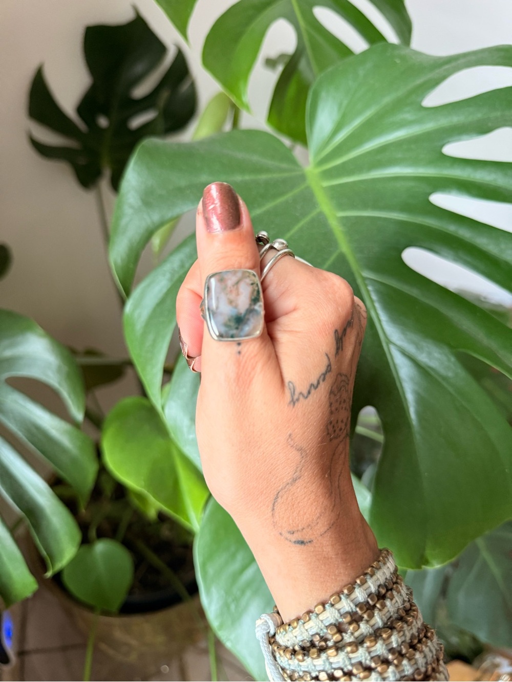 Handcrafted Sterling Moss Agate Statement Ring size 7